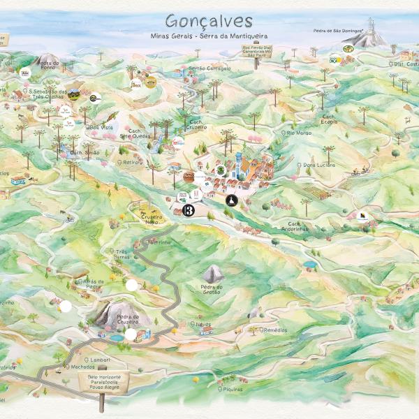 Mapa de Gonçalves, Minas Gerais - Estilo aquarelal.