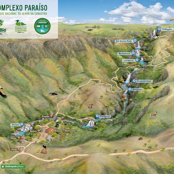 Mapa das Trilhas do Complexo do Paraíso em delfinópolis, Parque Nacional da Serra da Canastra 