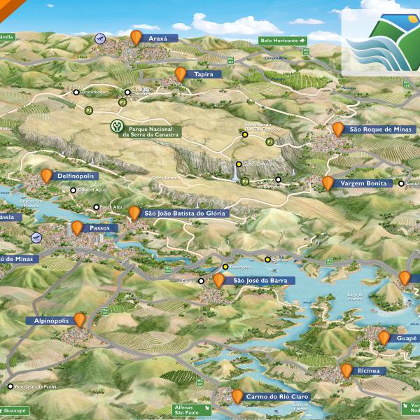 Mapa ilustrado da Região das Nascentes da Gerais, Minas Gerais - Brasil 